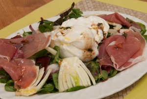 Burrata and Parma ham with mixed leaves recipe