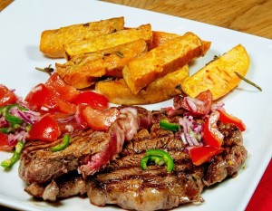 griddled steak with sweet potato wedges